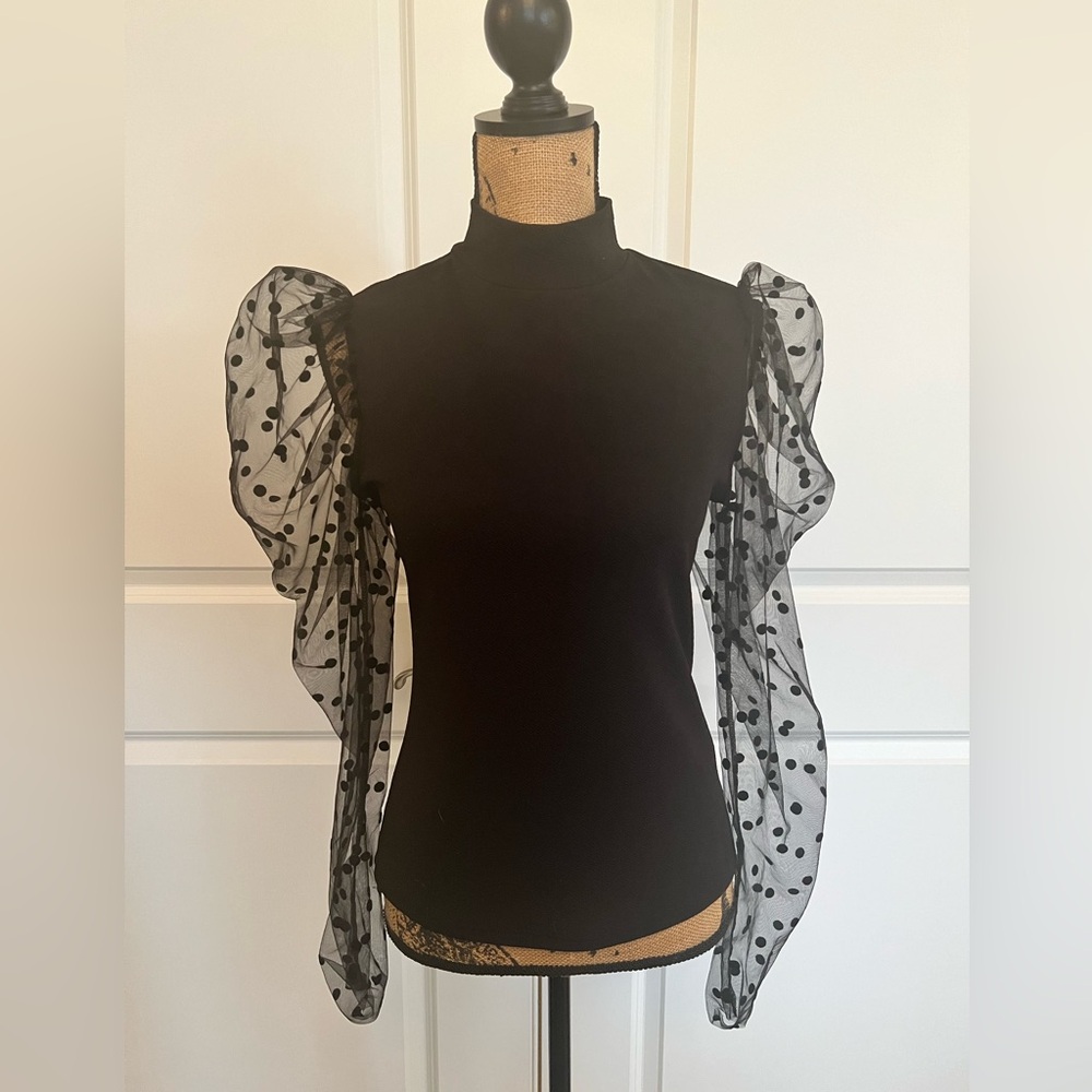 Black mockneck with sheer polkadot sleeves. Back zipper.